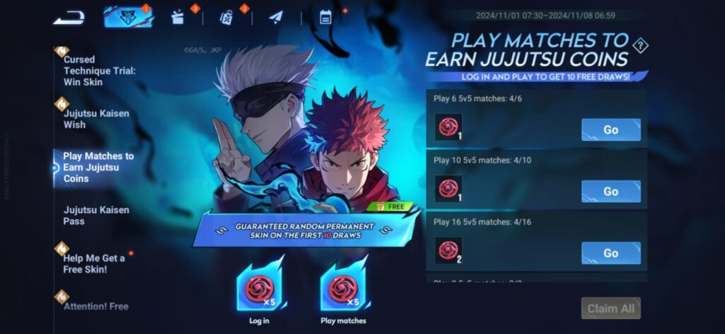 Obtain 10 Jujutsu Coins for free from the event center (Image via esports.gg)