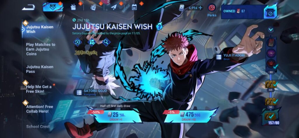 The Honor of Kings collaboration event, Jujutsu Kaisen Wish, features Gojo Satoru and Yuji Itadori-themed items (Image via esports.gg)