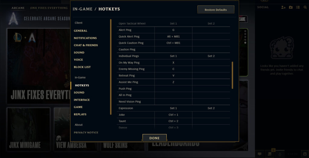 Pings on the LoL settings menu (image via esports.gg)