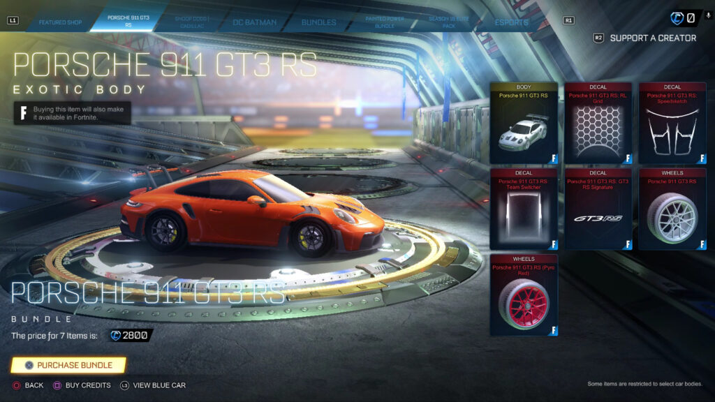 The Porsche 911 GT3 RS bundle in Rocket League (Image via esports.gg)