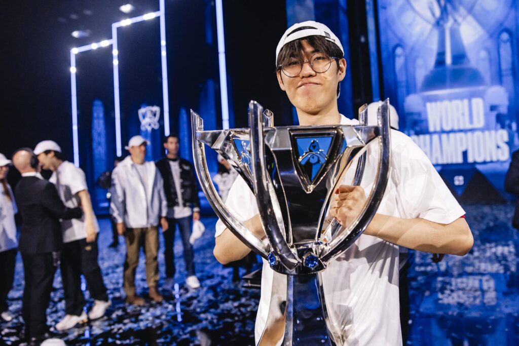 T1 Oner after his Worlds 2024 win (photo by Colin Young-Wolff/Riot Games)