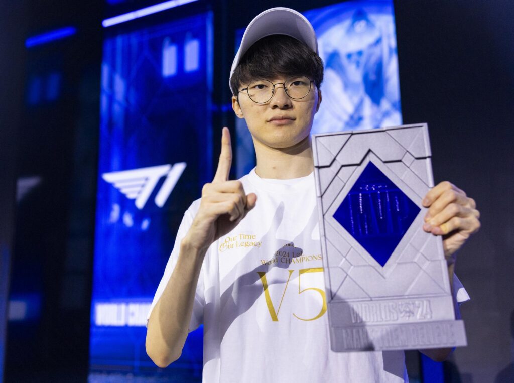 T1 Faker after his Worlds 2024 win (photo by Colin Young-Wolff/Riot Games)