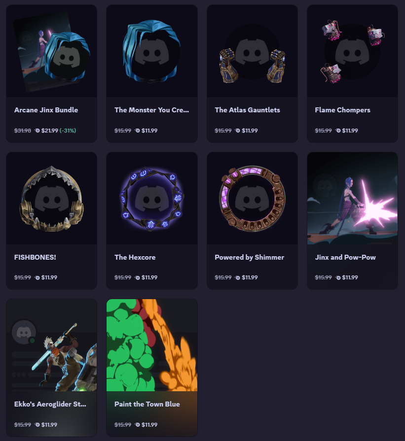 Discord x Arcane collab shop items (Screenshot via esports.gg)