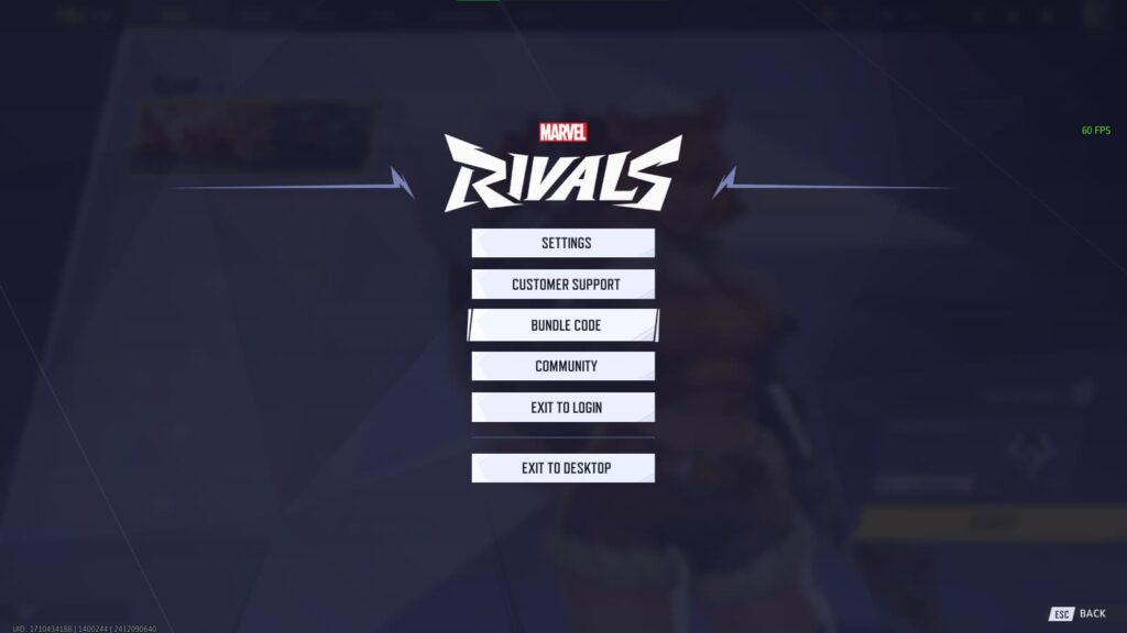 You'll find the Bundle Code option on your menu from any page in Marvel Rivals (Screenshot via esports.gg)