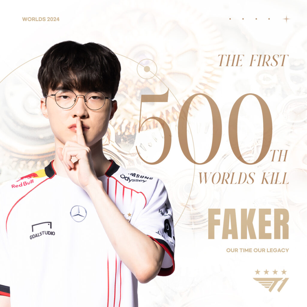 Faker achieved his 500th Worlds kill on November 13, 2024 (image via T1 LoL)