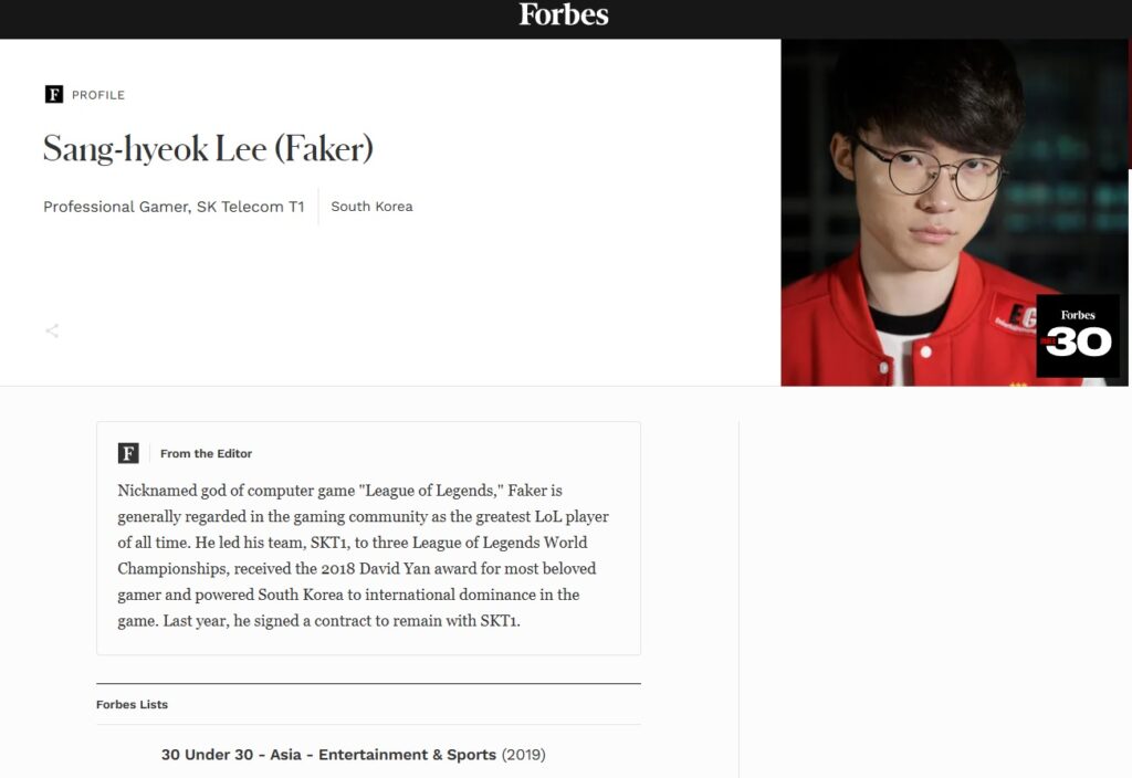 Sang-hyeok Lee (Faker) in the Forbes 30 Under 30 list, 2019 (image via esports.gg)