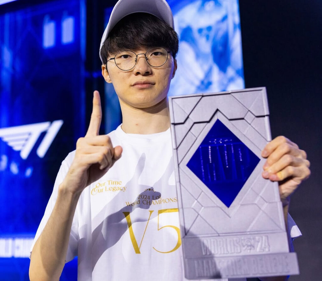 Faker named Worlds Finals MVP during in 2024 (image via LoL Esports)