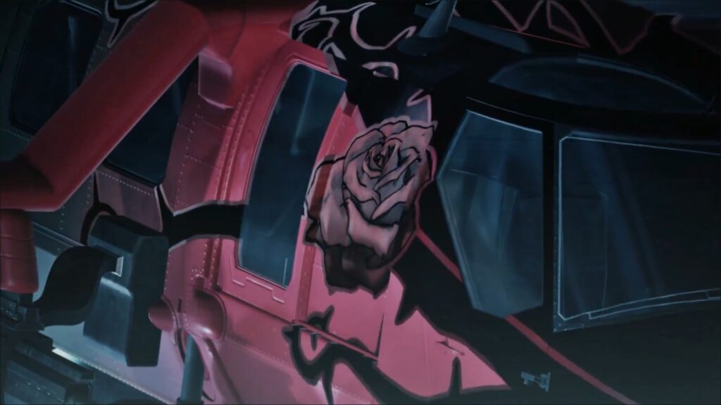 The helicopter shooting at Nina is adorned with a kiss and a rose, one of Anna's motifs