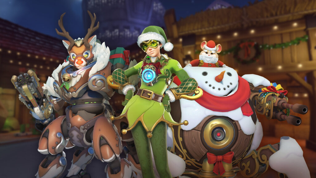 Holiday skins for Orisa, Tracer, and Wrecking Ball (Image via Blizzard Entertainment)