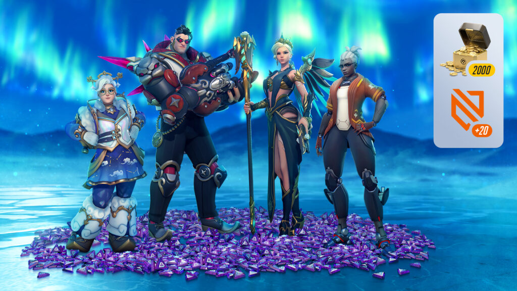 Celestial Mei, Mobster Hazard, Rose Majesty Mercy, and Cozy Sojourn (Image via Blizzard Entertainment)