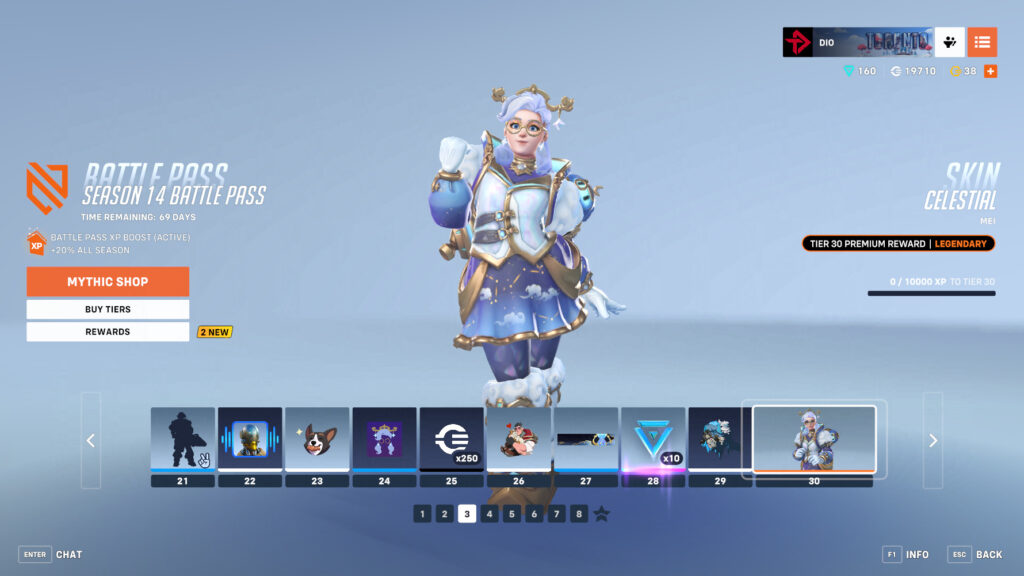 Screenshot of the Celestial Mei skin in Overwatch 2 (Image via esports.gg)