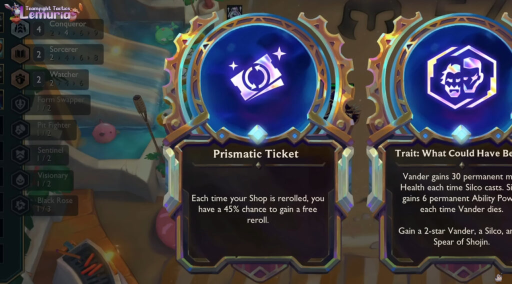 Prismatic Ticket provides you free reroll,  increasing your chance of finding a 6-cost units (image via Lemuria TFT on YouTube)