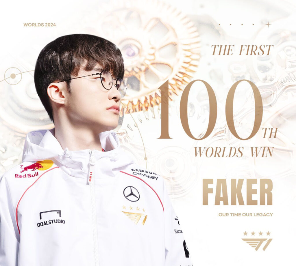 Faker named the first player to achieve 100th Worlds win on October 2024 (image via T1 LoL)