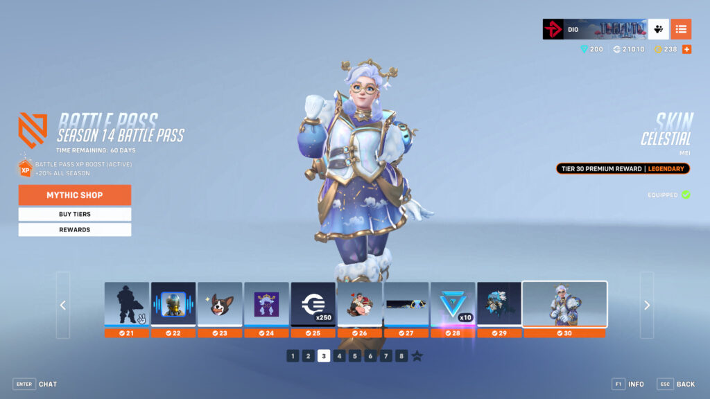 Screenshot of the Celestial Mei skin in Overwatch 2 (Image via esports.gg)