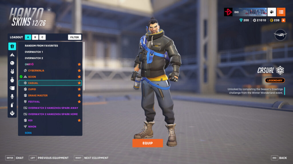 Screenshot of the Casual Hanzo skin in Overwatch 2 (Image via esports.gg)