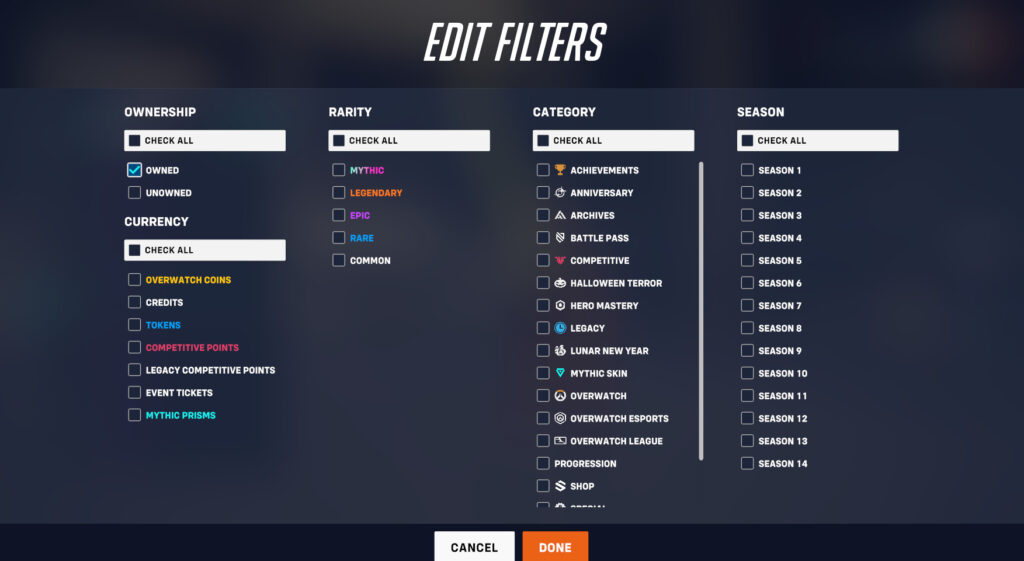 How to filter Overwatch 2 items (Image via esports.gg)