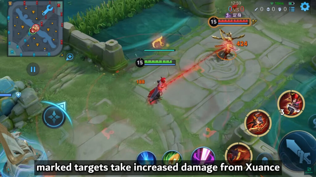 Xuance's Skill 2 allows him to charge a hook attack, dealing damage to enemies hit along the path and briefly freezing them (Image via Shadow HOK on YouTube)