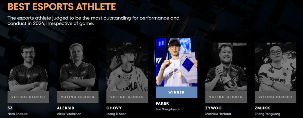 Faker as a winner at The Game Awards (Image via The Game Awards)