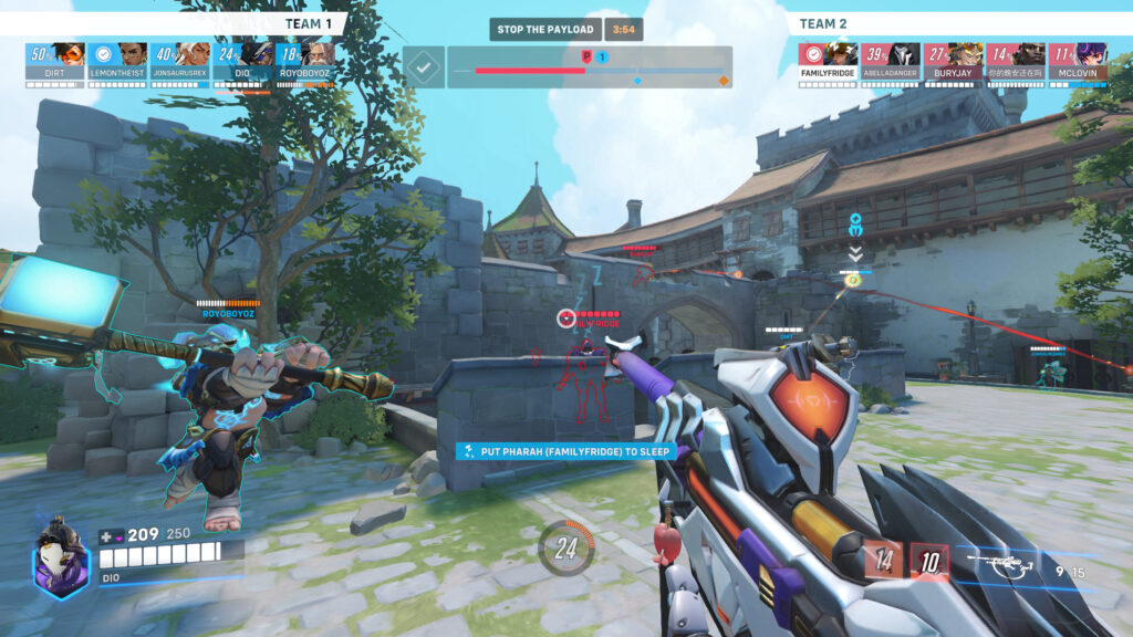 Screenshot of Ana using Sleep Dart on her daughter Pharah (Image via esports.gg)