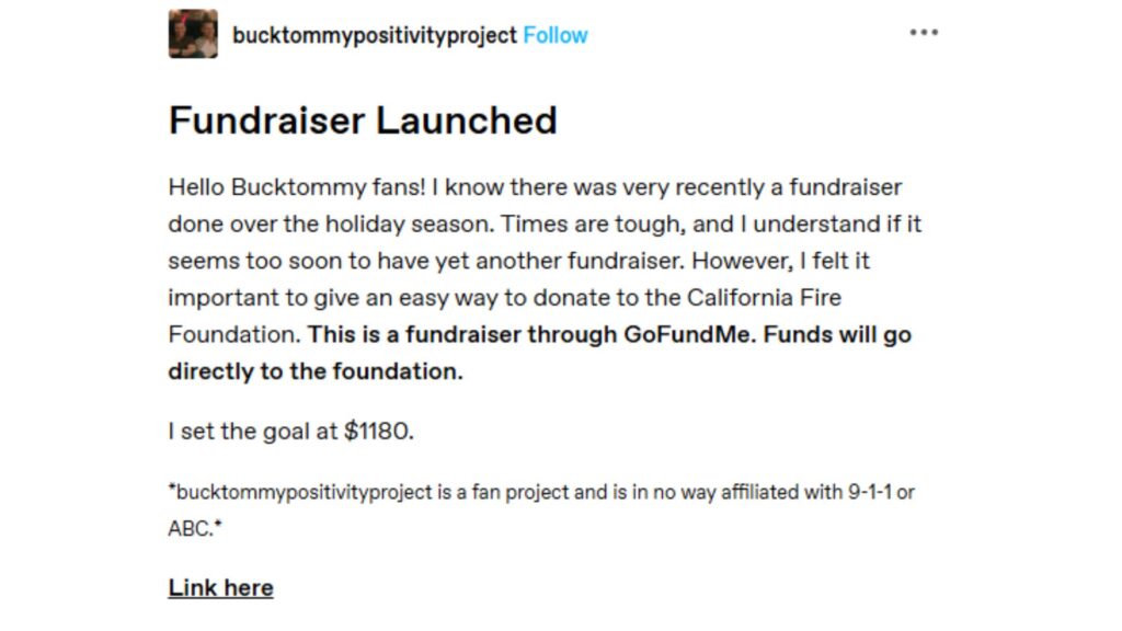 Screenshot of the post indicating that the BuckTommy fandom launched a GoFundMe for the California Fire Foundation (Image via esports.gg)