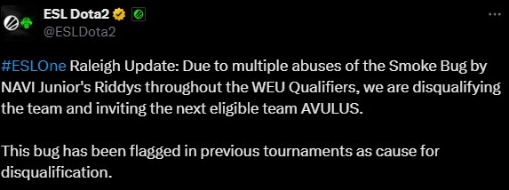 NAVI Junior disqualified (Image via <a href="https://x.com/ESLDota2/status/1882100239987101743" target="_blank" rel="noreferrer noopener">X/@ESLDota2</a>)