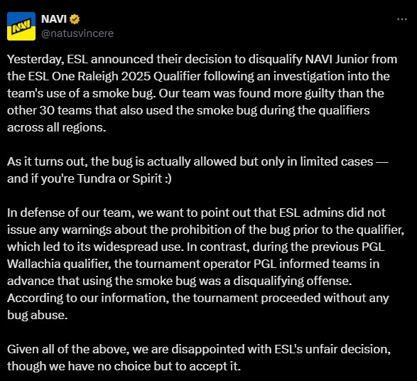 NAVI's response to ESL (Image via <a href="https://x.com/natusvincere/status/1885362694217175257">X/@natusvincere</a>)