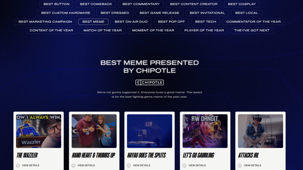 Evo Awards categories and nominees screenshot (Image via esports.gg)