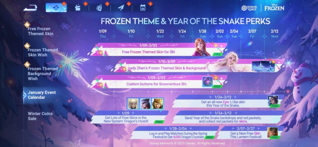 January 2025 event calendar, which shows the Honor of Kings X Disney's Frozen collaboration timeline (image via esports.gg)