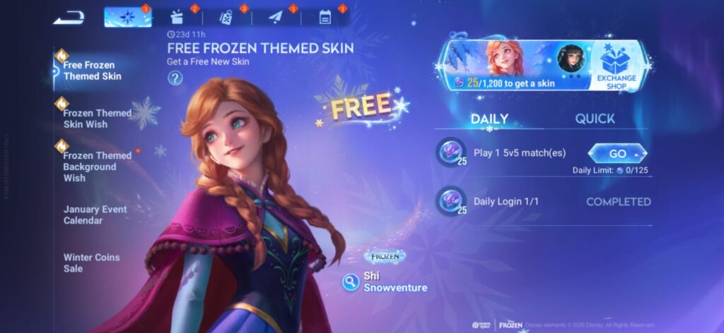 Frozen Themed Skin Wish event page, where you can get the Shi - Snowventure skin (image via esports.gg)