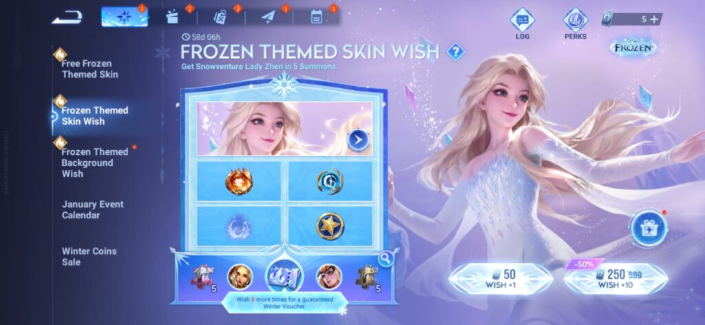 Frozen Themed Skin Wish event page, where you can get the Lady Zhen - Snowventure skin (image via esports.gg)