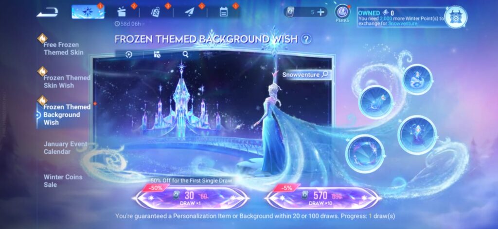 Frozen Themed Background Wish event page, where you can get the Snowventure Background Theme (image via esports.gg)