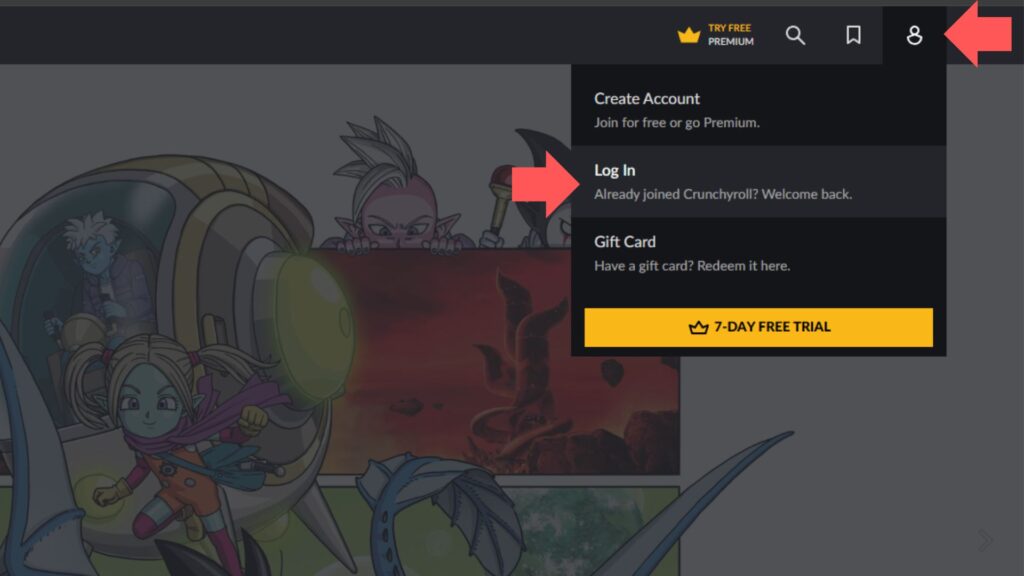 Screenshot indicating how to access your Crunchyroll account (Image via esports.gg)