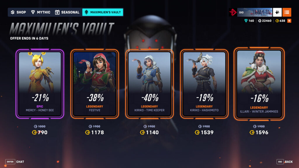 Overwatch 2 Maximilien’s Vault shop rotation screenshot (Image via esports.gg)