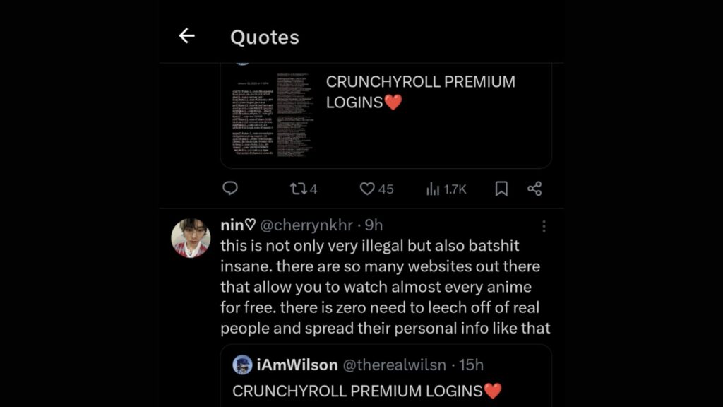 Crunchyroll leaked accounts and response screenshot (Image via esports.gg)