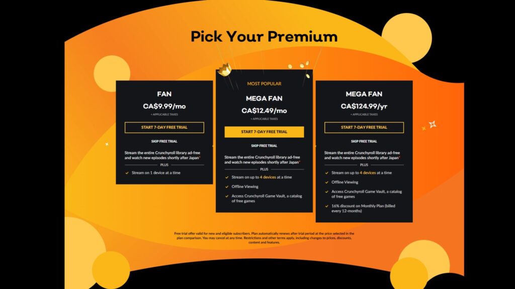 Crunchyroll Premium offerings screenshot (Image via esports.gg)