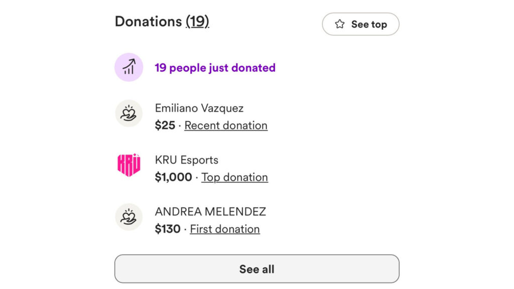 KRU Esports appears as the top donation on Alejandro's GoFundMe (Screenshot by esports.gg)