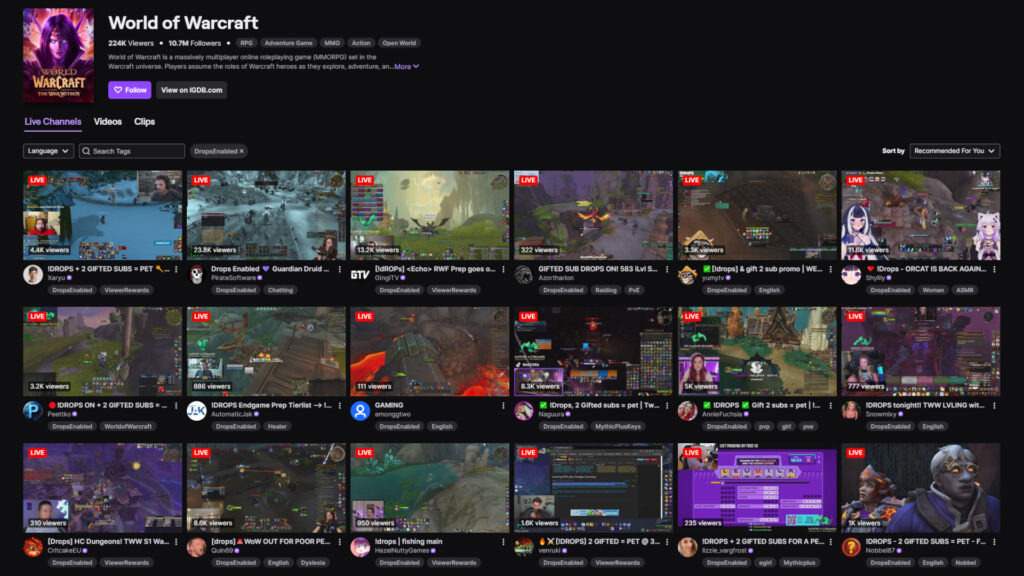 Screenshot of the WoW category on Twitch (Image via esports.gg)