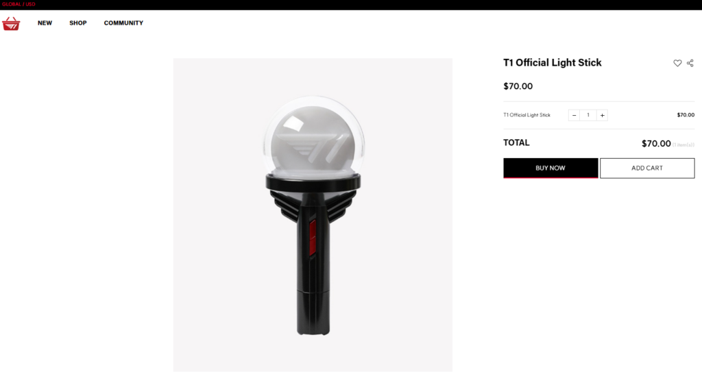 T1 Official Light Stick can be purchased for USD$70.00 (Image via T1 Shop)