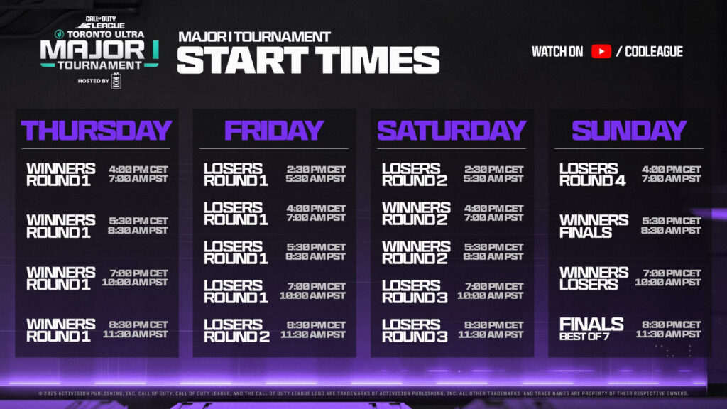 CDL Major 1 Start Times (Image via CODLeague)