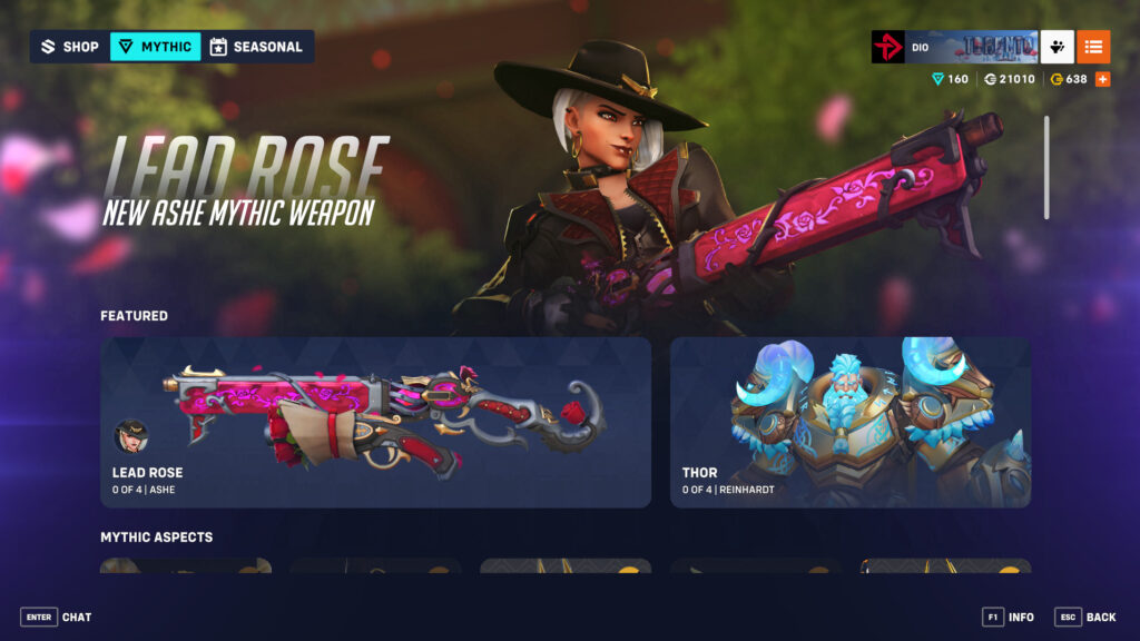 Screenshot of Ashe's Lead Rose as the newest mythic weapon skin in Overwatch 2 (Image via esports.gg)