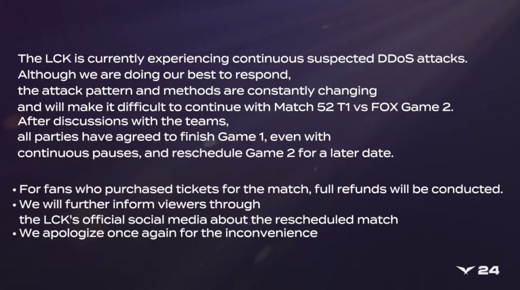 LCK's announcement regarding the DDoS attack on the T1 vs FOX match on February 28, 2024 (Image via esports.gg)