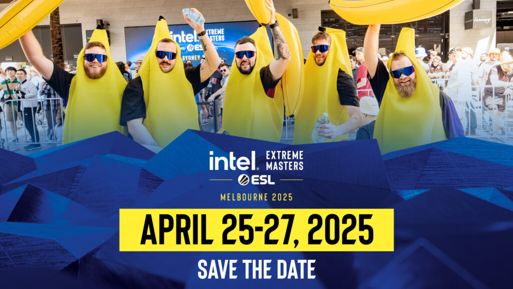 Fans in banana outfits stand cheering outside IEM Sydney 2023.