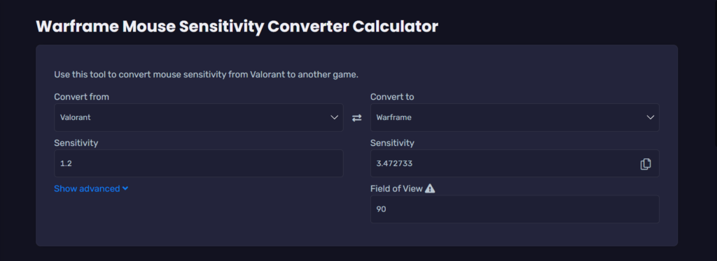 Warframe Sensitivity Converter (Image via Aiming.Pro)