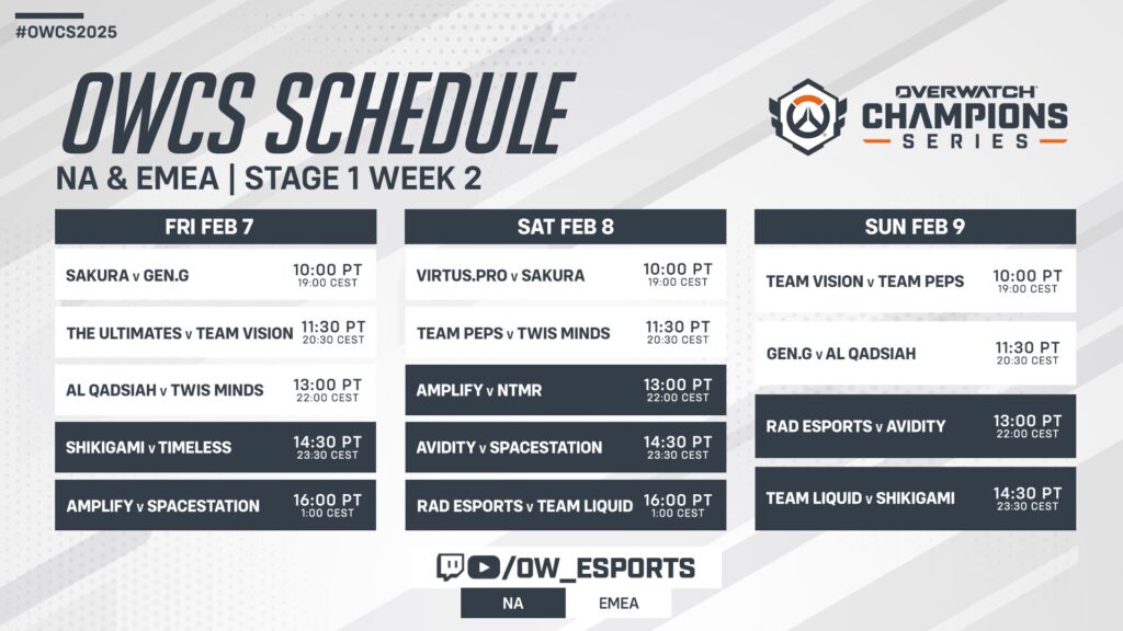 OWCS 2025 NA and EMEA Stage 1 Week 2 Regular Season schedule (Image via Blizzard Entertainment)