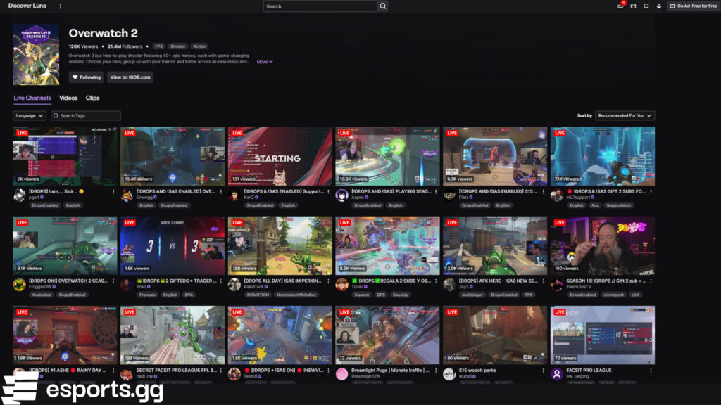 The Overwatch 2 category on Twitch (Screenshot via esports.gg)