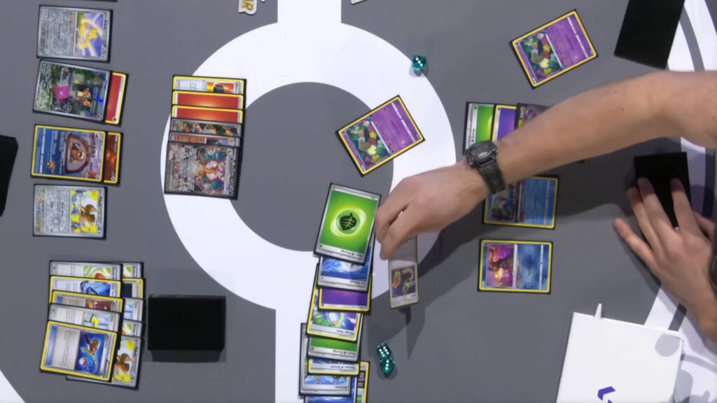 Isaiah Bradner adding a card in the Lost Zone during the Pokemon TCG EUIC 2024 Masters Finals. (Screenshot via <a href="https://www.youtube.com/@pokemon">The Official Pokémon YouTube channel</a>)