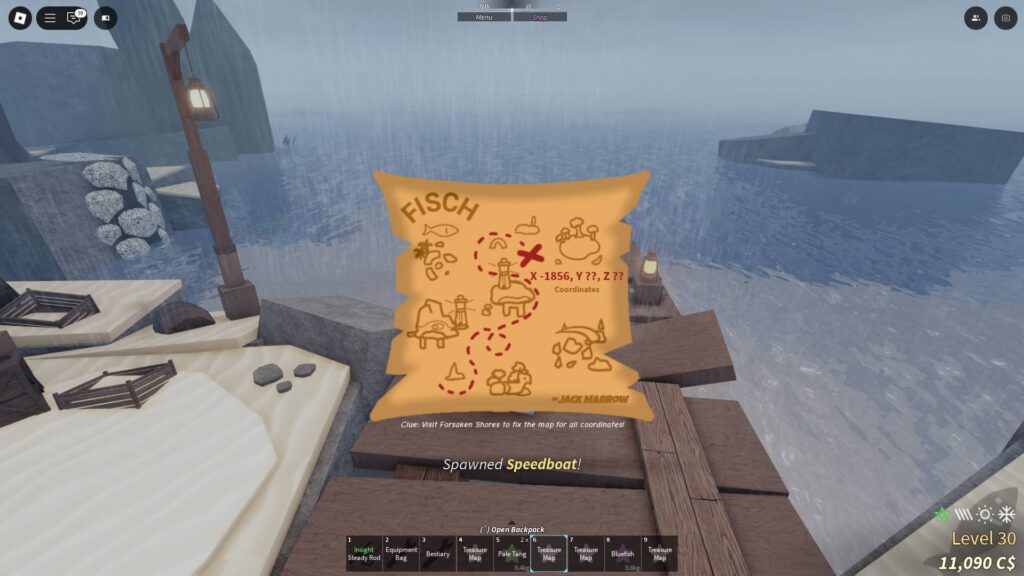 A newly acquired Treasure Map in Fisch only shows the X-coordinate. (Screenshot via esports.gg)