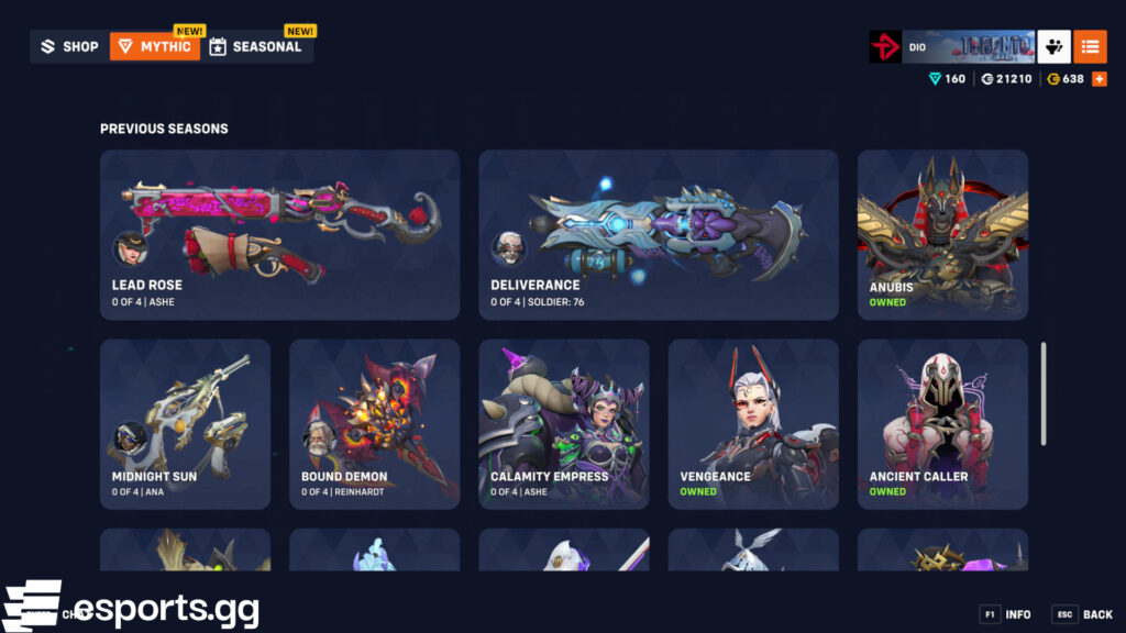 Overwatch Mythic Shop today (Screenshot via esports.gg)