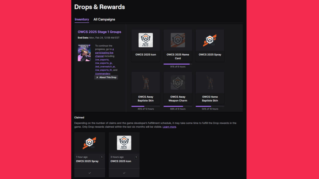 Screenshot of the OWCS 2025 Twitch drops (Image via esports.gg)