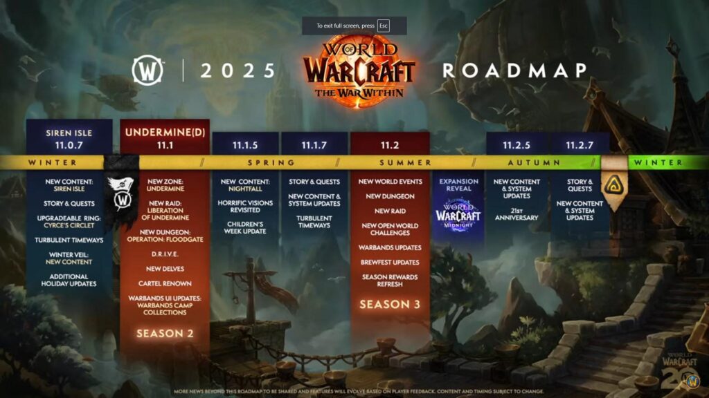 World of Warcraft The War Within 2025 Roadmap (image via <a href="https://youtu.be/0rEfOTxr59o">Blizzard Entertainment</a>)